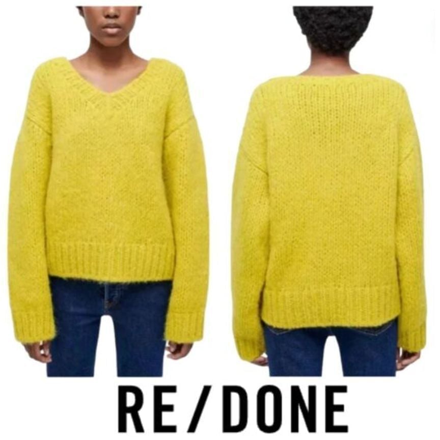 New Re/Done Re Done 50s V Neck Chunky Knit Pullover Sweater Chartreuse Small