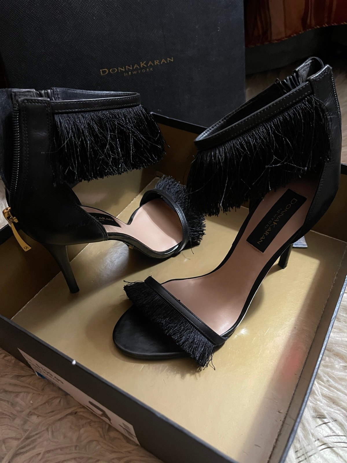 Donna Karan Black Heels with Stiletto and Fringe Detail