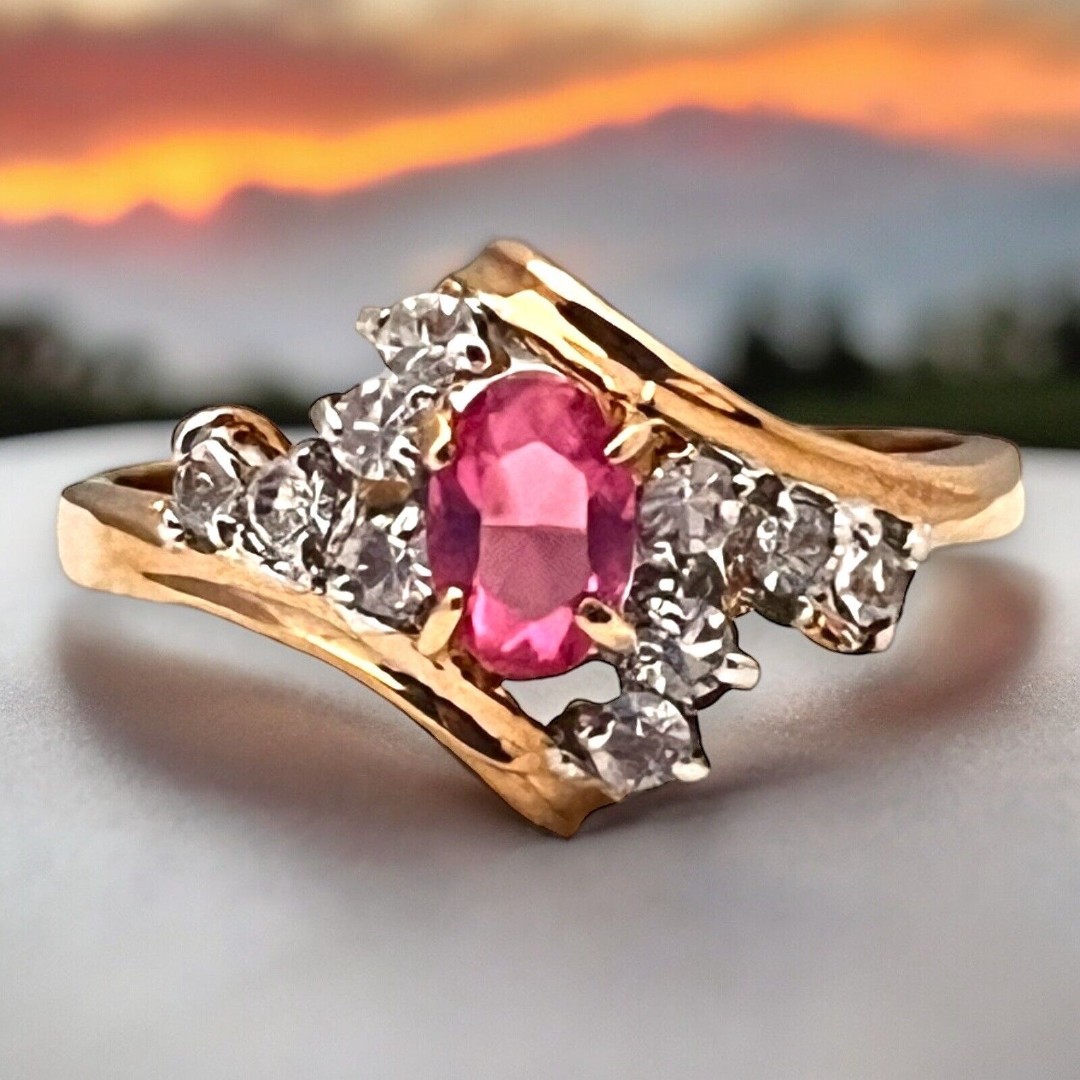 Vintage Ring Size 8 Pink Crystal Clear CZ 14K Gold Plate Mid-Century 14L