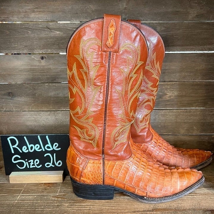 Mens Potro Rebelde Brown Caiman Western Pointed Toe Cowboy Boots Size 26 US 7.5