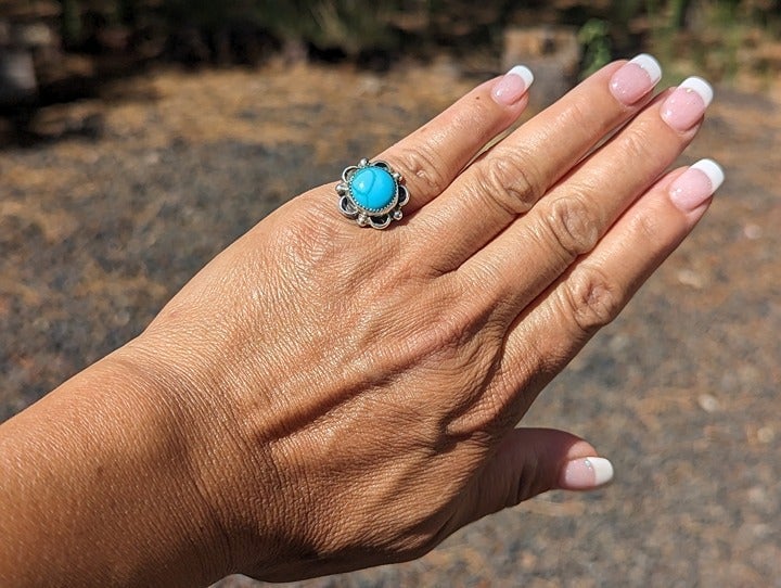 Native American Block Turquoise Sterling Silver Navajo Handmade Signed Sz 5US***
