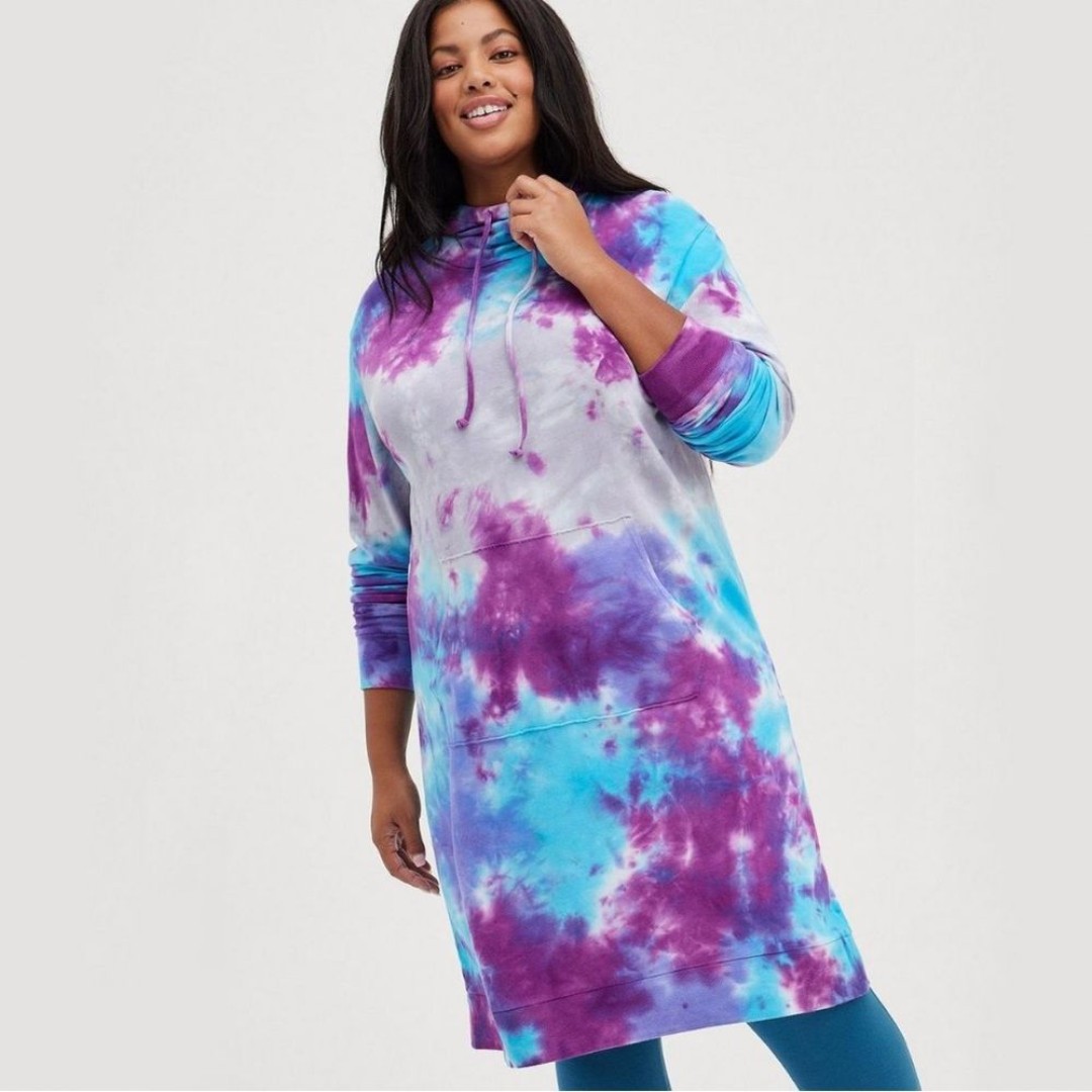 Torrid Mini French Terry Hoodie Dress in Purple Tie Dye