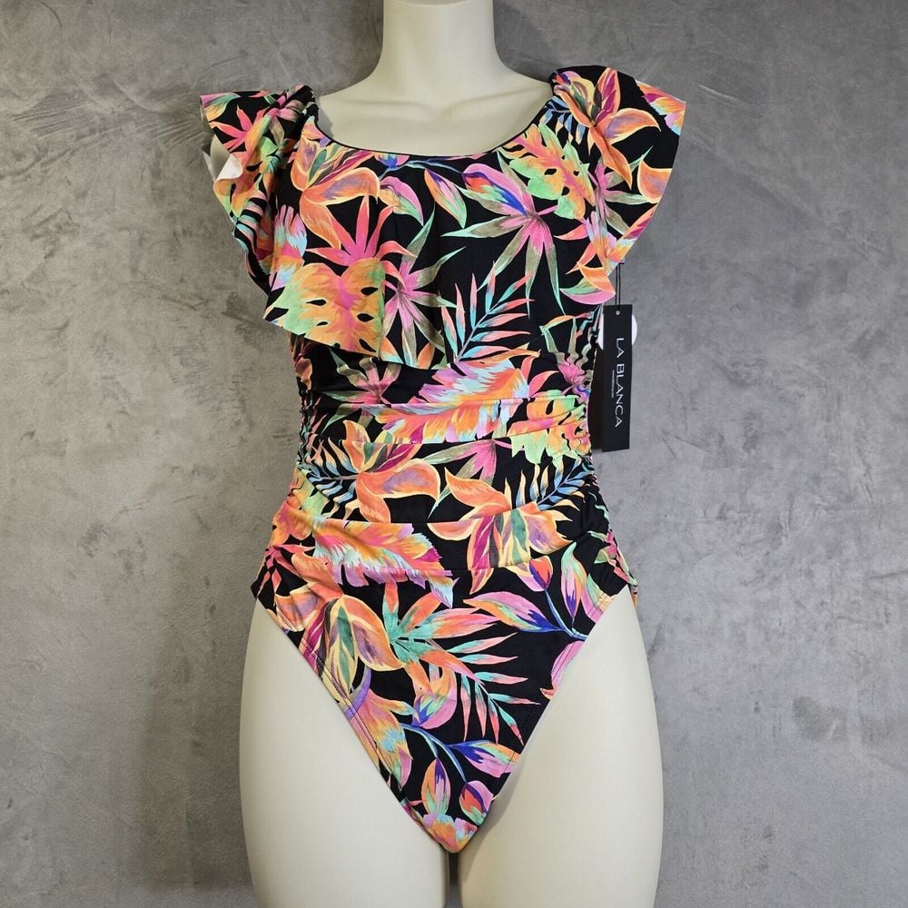 LA BLANCA One Piece Size 6 Goddess Palm Ruffle Off On Shoulder Swimsuit Ruched