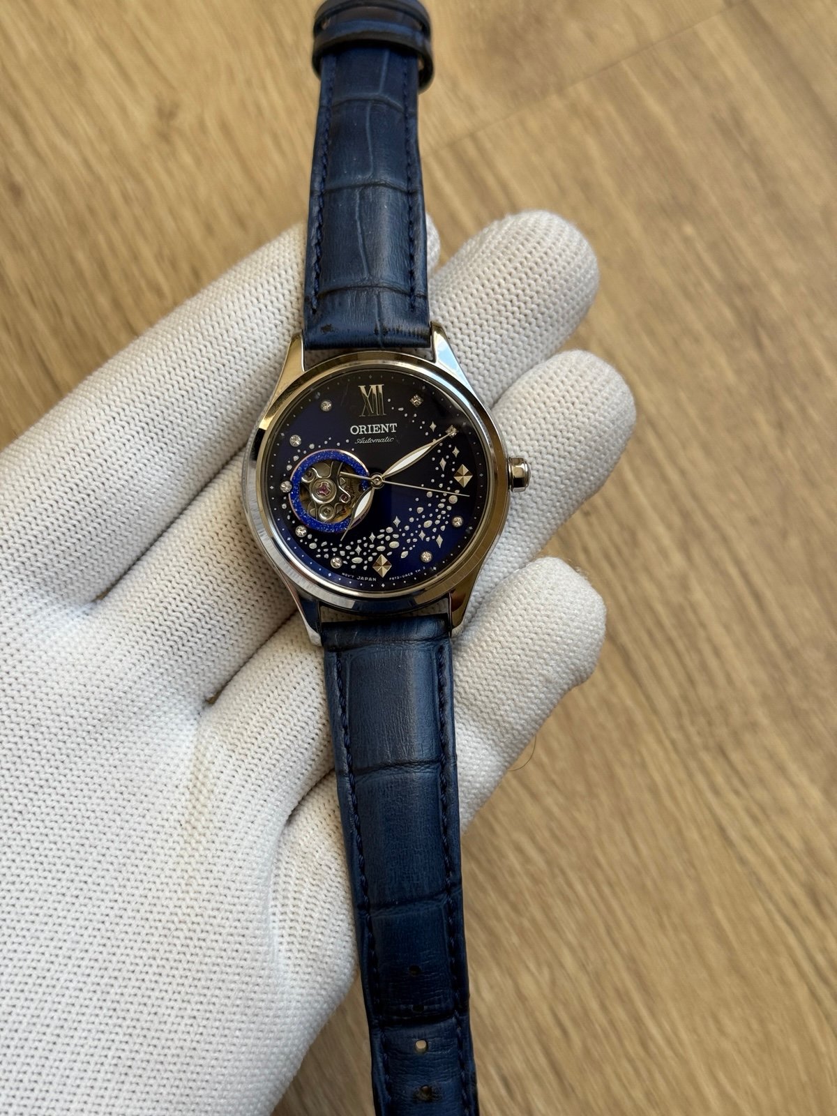 ORIENT Mechanical Watch blue Leather Strap 35.6mm automatic skeleton back