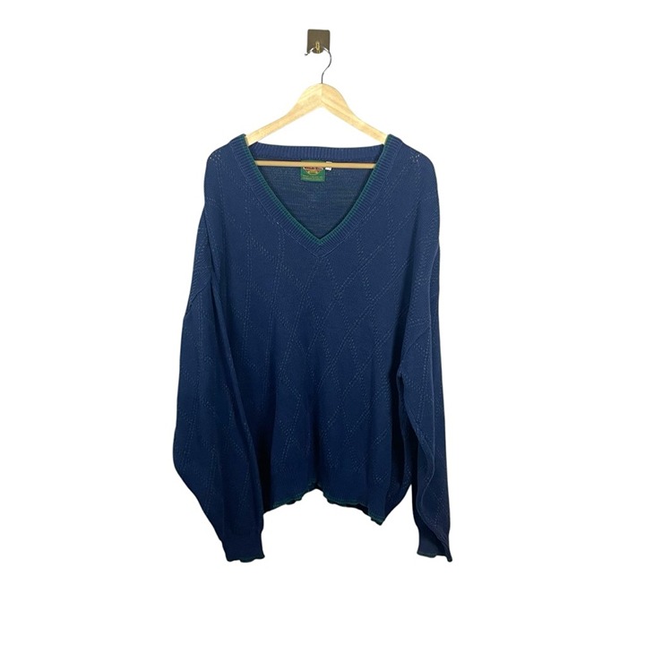 VINTAGE The Woollen Mills V-Neck Diamond Embroidered Sweater Navy Multi Sz 3XL