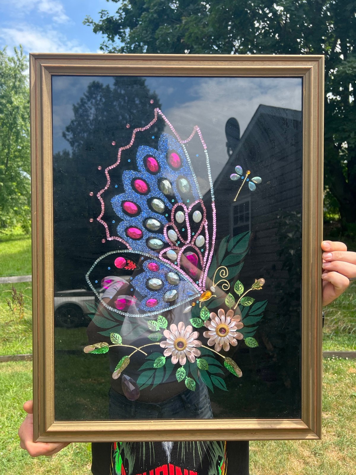 Beaded butterfly art on velvet