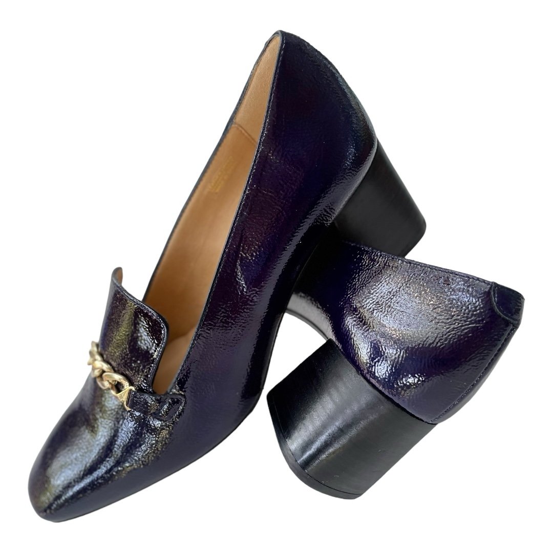 Anthropologie Navy Blue leather heeled loafers Good tone Hardware US Size 7
