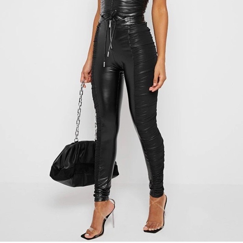 NWT Maniere de Voir Ruched Vegan Leather Legging High Waist Pants Black