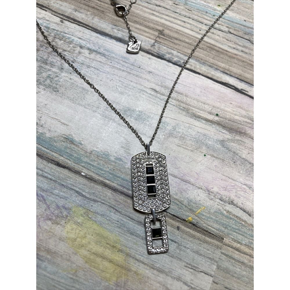 swarovski crystal pendant Necklace black clear silver tone dog tag signed logo