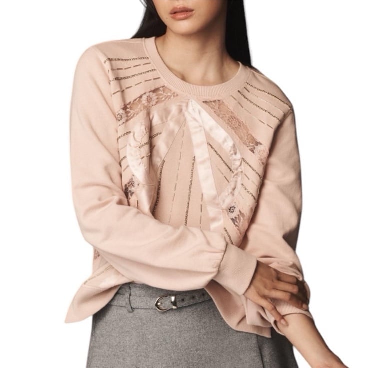 Anthropologie Beaded Bow Dusty Blush Pink Sweater Sweatshirt Small