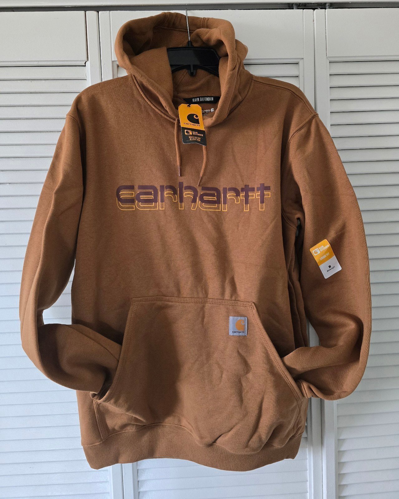 NEW ! Carhartt Mens Rain Defender Loose Fit Logo Graphic Sweatshirt Brown Medium
