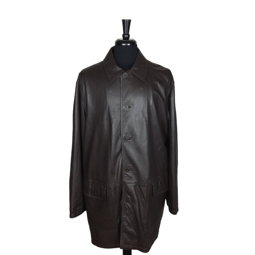 Hickey Freeman Collection Soft Leather Jacket Solid Brown Button Front Size XL