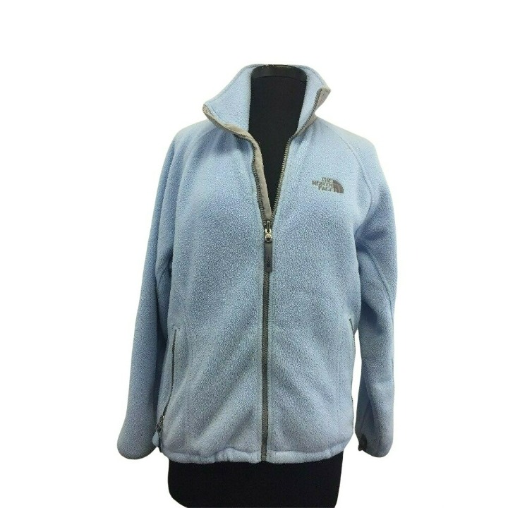 North Face Womens Fleece Jacket M Blue Grey Trim Zip Up Polartec