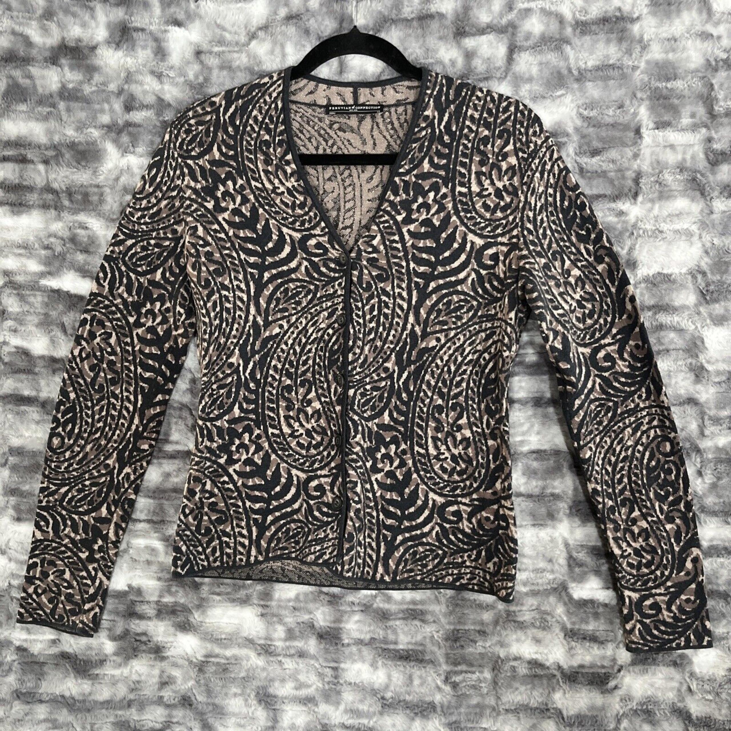 Xs V Neck Button Down Sweater Cardigan Cotton Paisley Print - Peruvian Connection