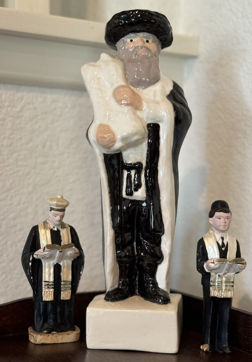Vtg Judaica Chalkware Rabbinical Figurines & Torah Study Prayer 3 p. Set, signed