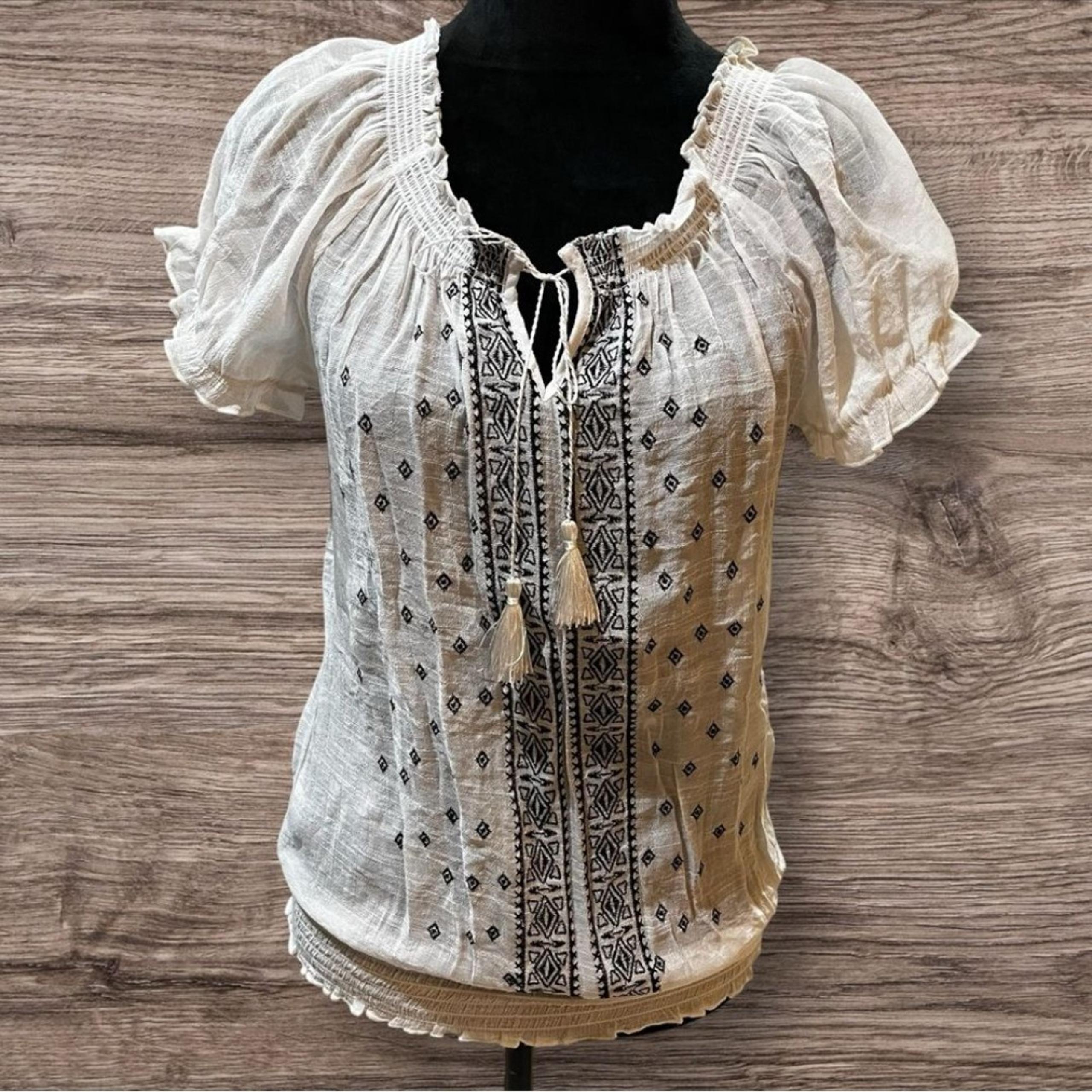 BCX Cream Smocked Tie Front Ruffled Blouse size M