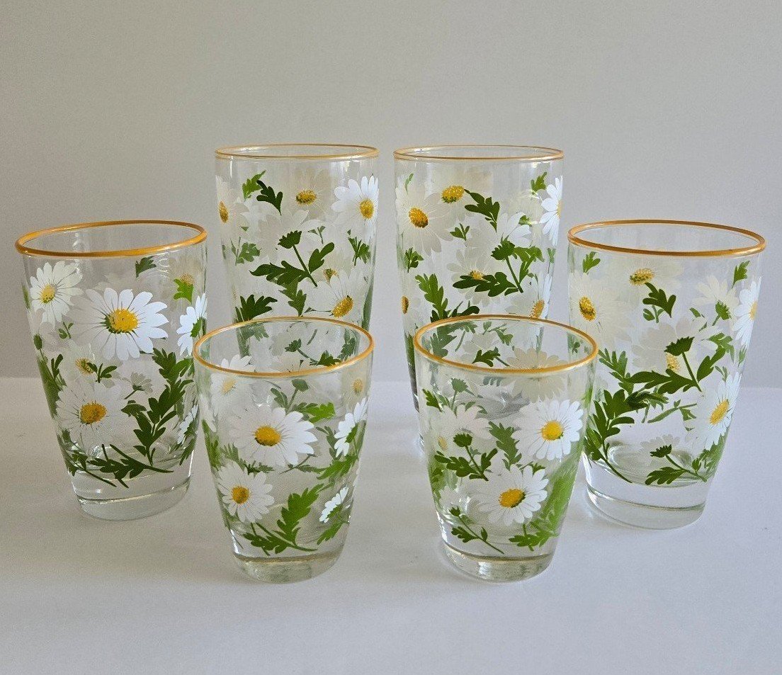 SET Of 6 LIBBEY WHITE DAISIES GREEN LEAVES YELLOW TRIM VINTAGE 1970'S