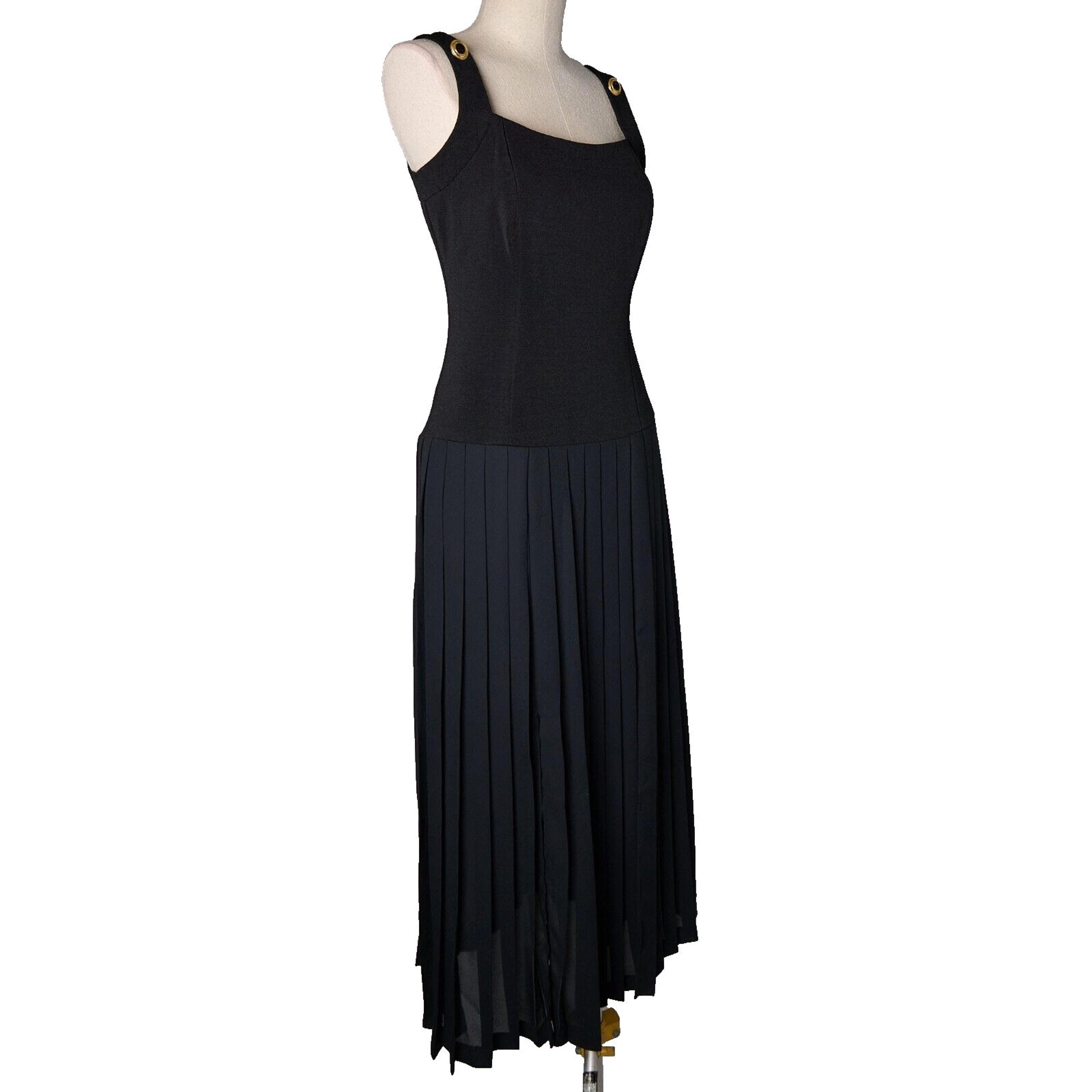 VTG Joseph Ribkoff Maxi Dress Sz 6 Black Fit & Flare Pleated Deadstock 90s Gala