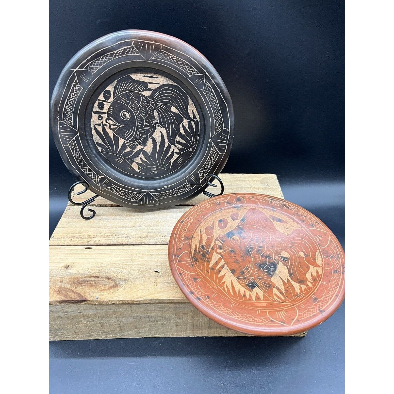 Set Of Two Pottery Etched Fish Shallow Bowls Or Plates