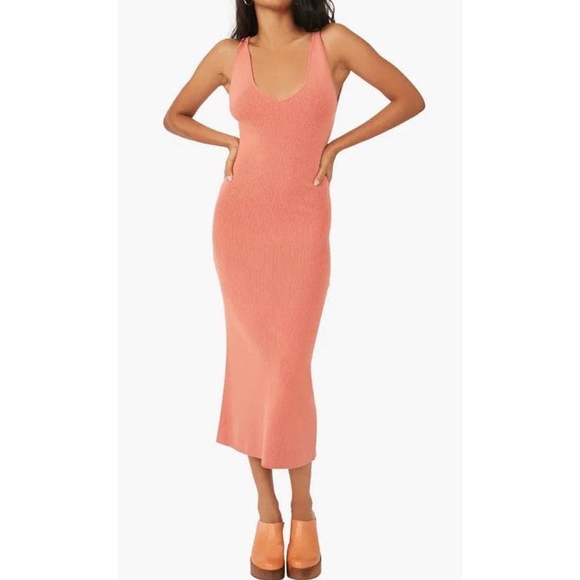 Free People Coral Daniela Scoop Back Ribbed Knit Midi Dress size Large NEW