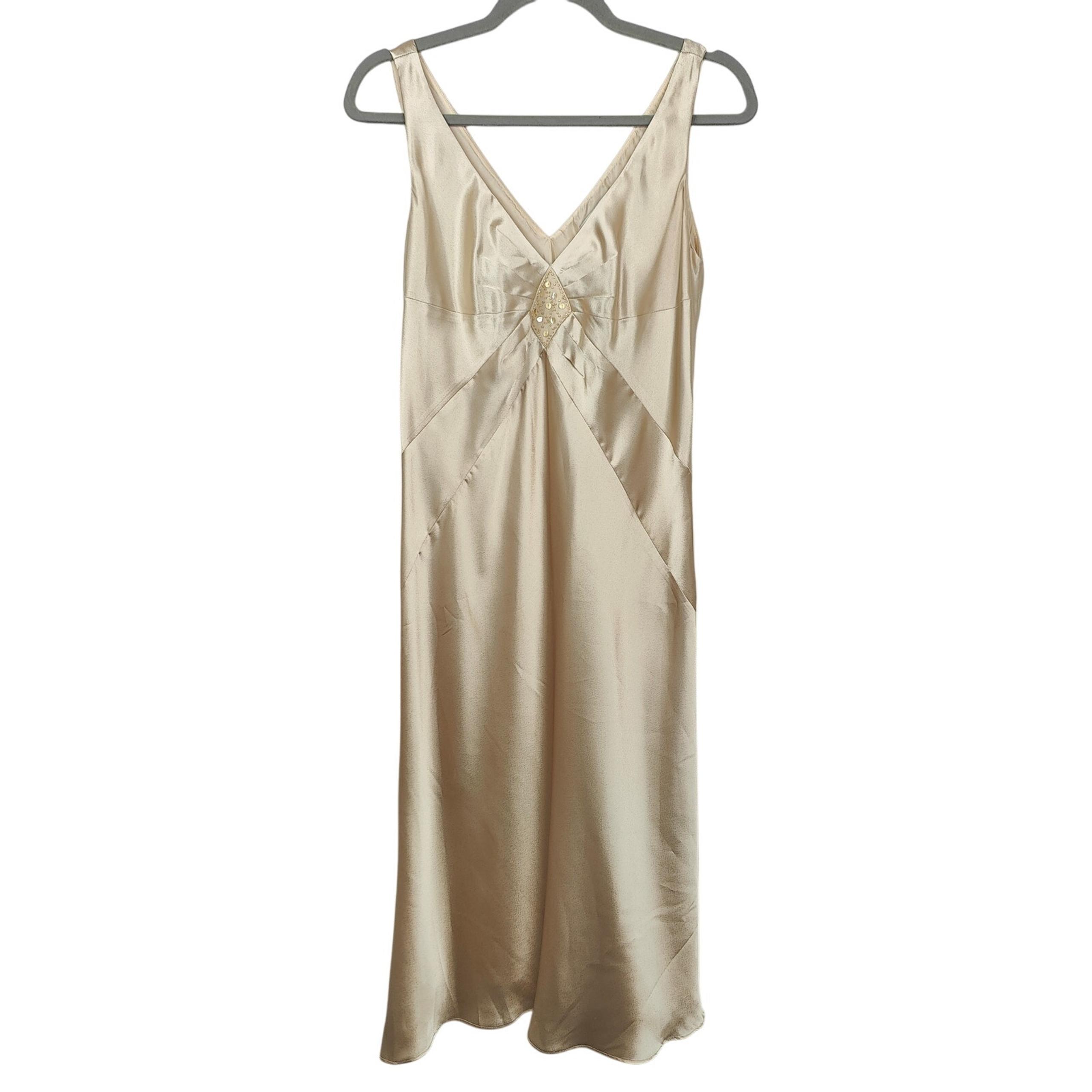 Vintage Y2K Amanda Smith Midi Dress Womens 10 Gold Satin Sleeveless Glam Preppy