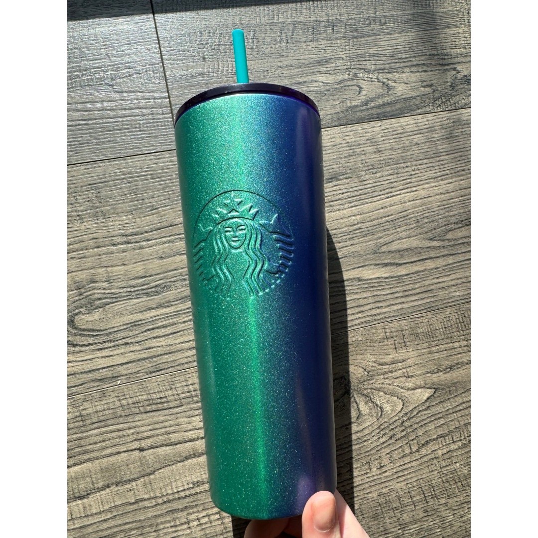 Starbucks Blue Teal Gradient Glitter Stainless Steel Tumbler Cold Cup 24oz Venti