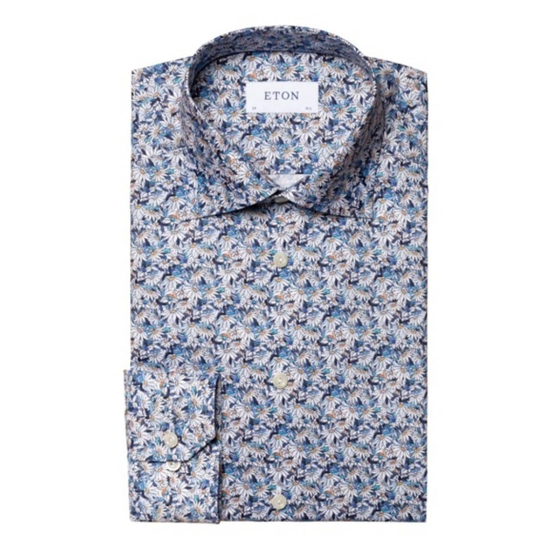 NWT Eton Floral Daisy Print on Signature Twill Mens Slim Shirt Sz 41 (16)