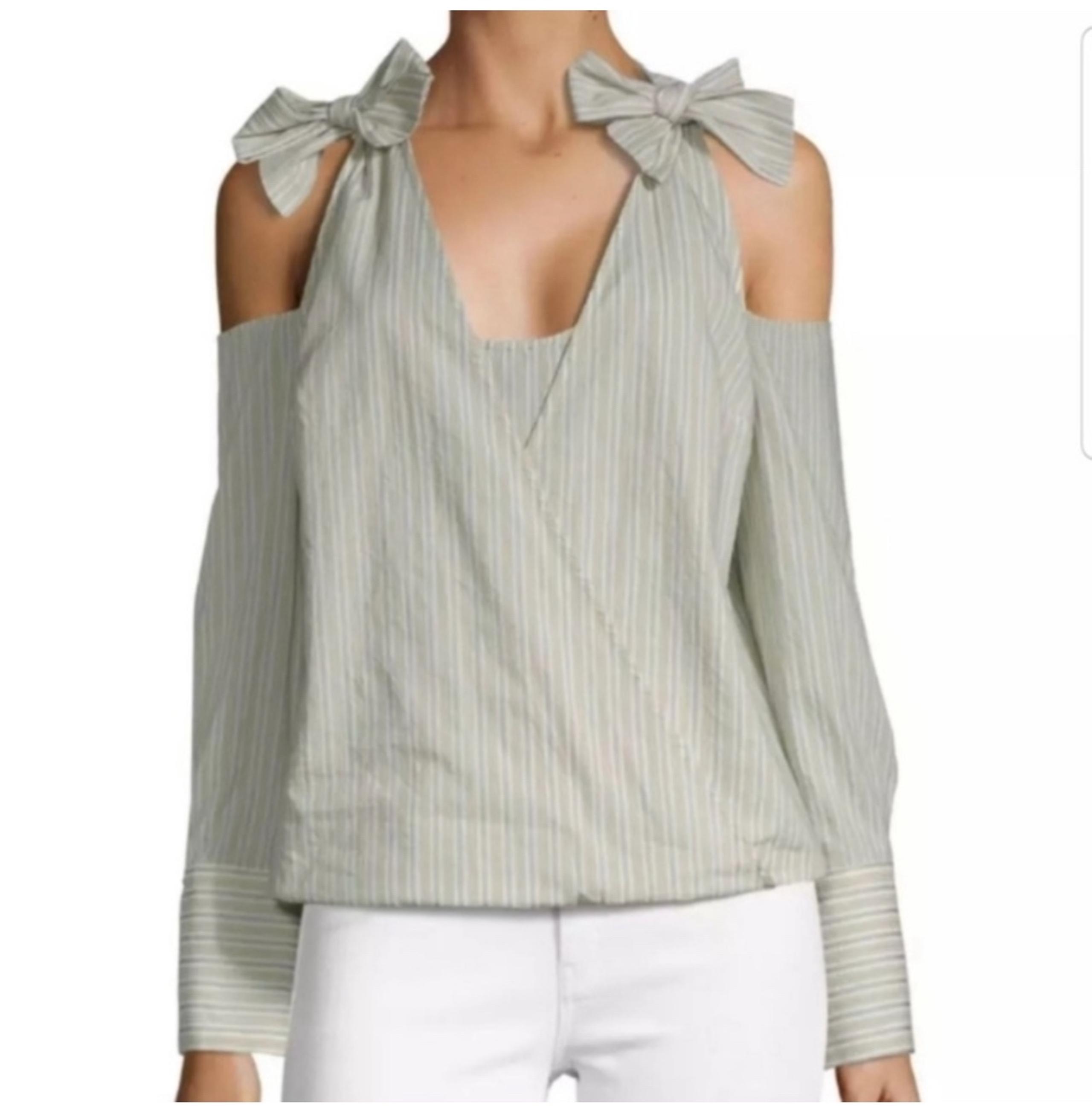 BCBGMAXAZRIA Cadee Striped Bow Tie Cold Shoulder Surplice Wrap Top Green Cream S