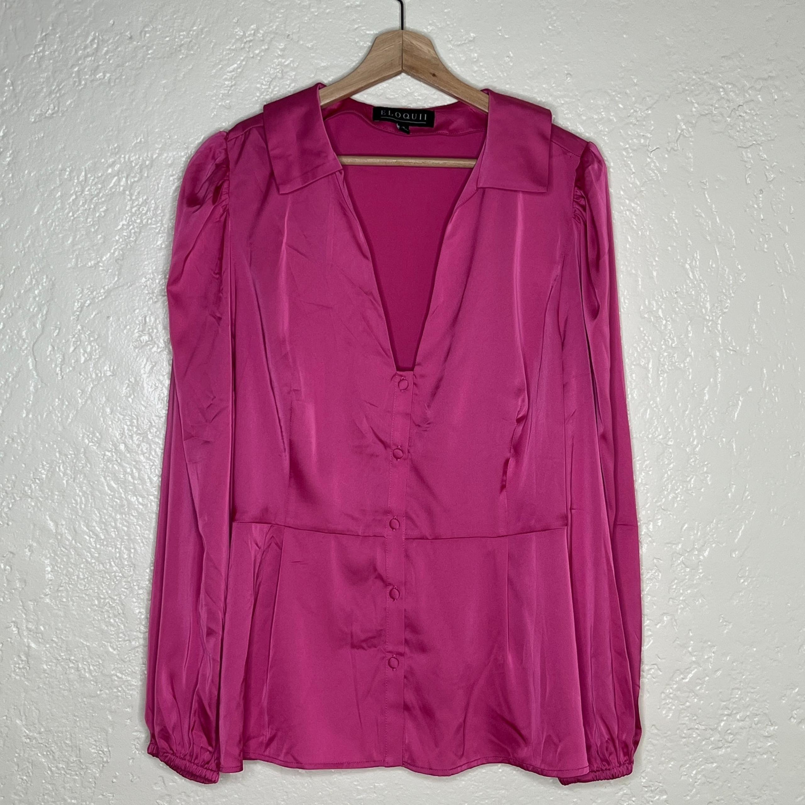 Eloquii Satin Barbie Pink V-Neck Button Up Blouse Women’s 18 Long Sleeve