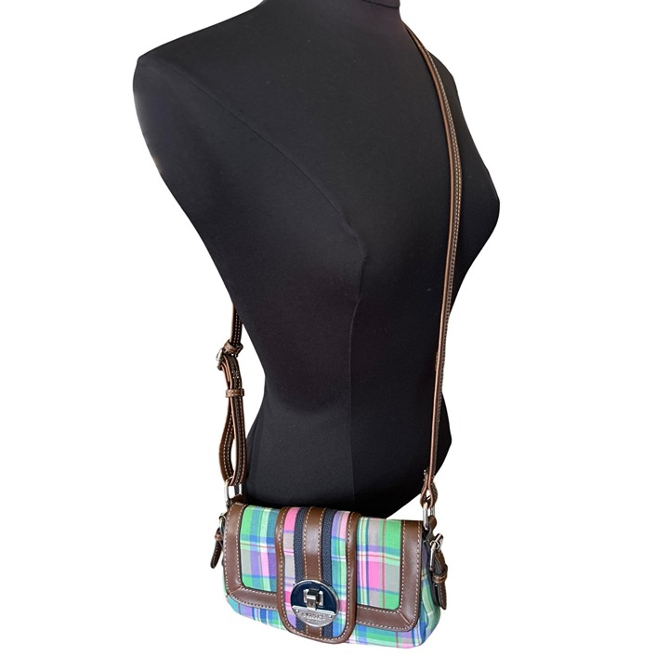 Chaps Green & Pink Plaid Crossbody Bag With Brown Trim & Adjustable Strap
