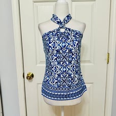 CECE SANTORINI VIBE LUCENT WHITE AND BLUE HALTER TOP XS 59