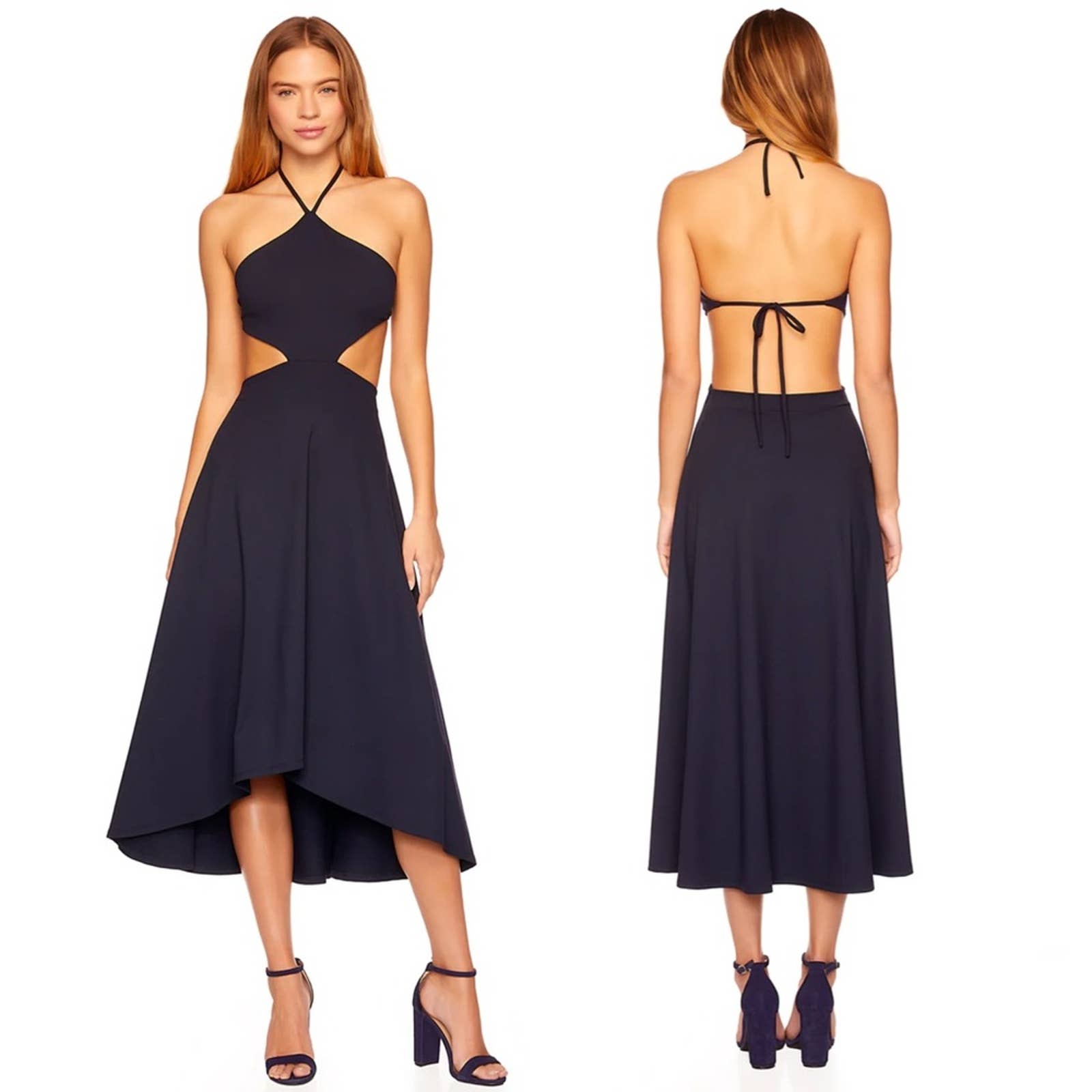 NWT Susana Monaco x Revolve Navy Midnight Cut Out Waist High Low Halter Dress