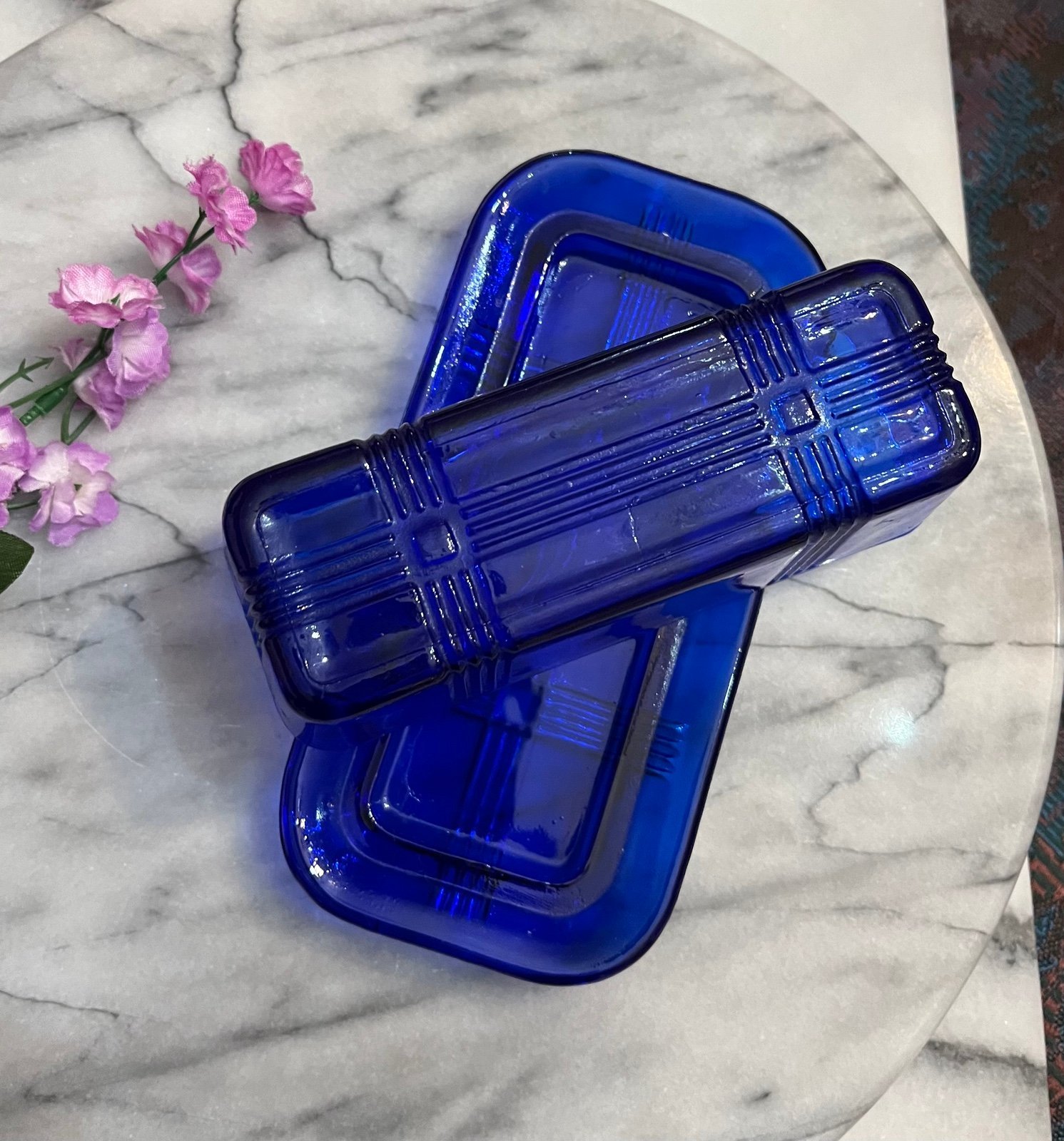 Hazel Atlas Vintage Criss Cross Butter Dish Cobalt Blue Glass 1 Stick 1/4 Lb