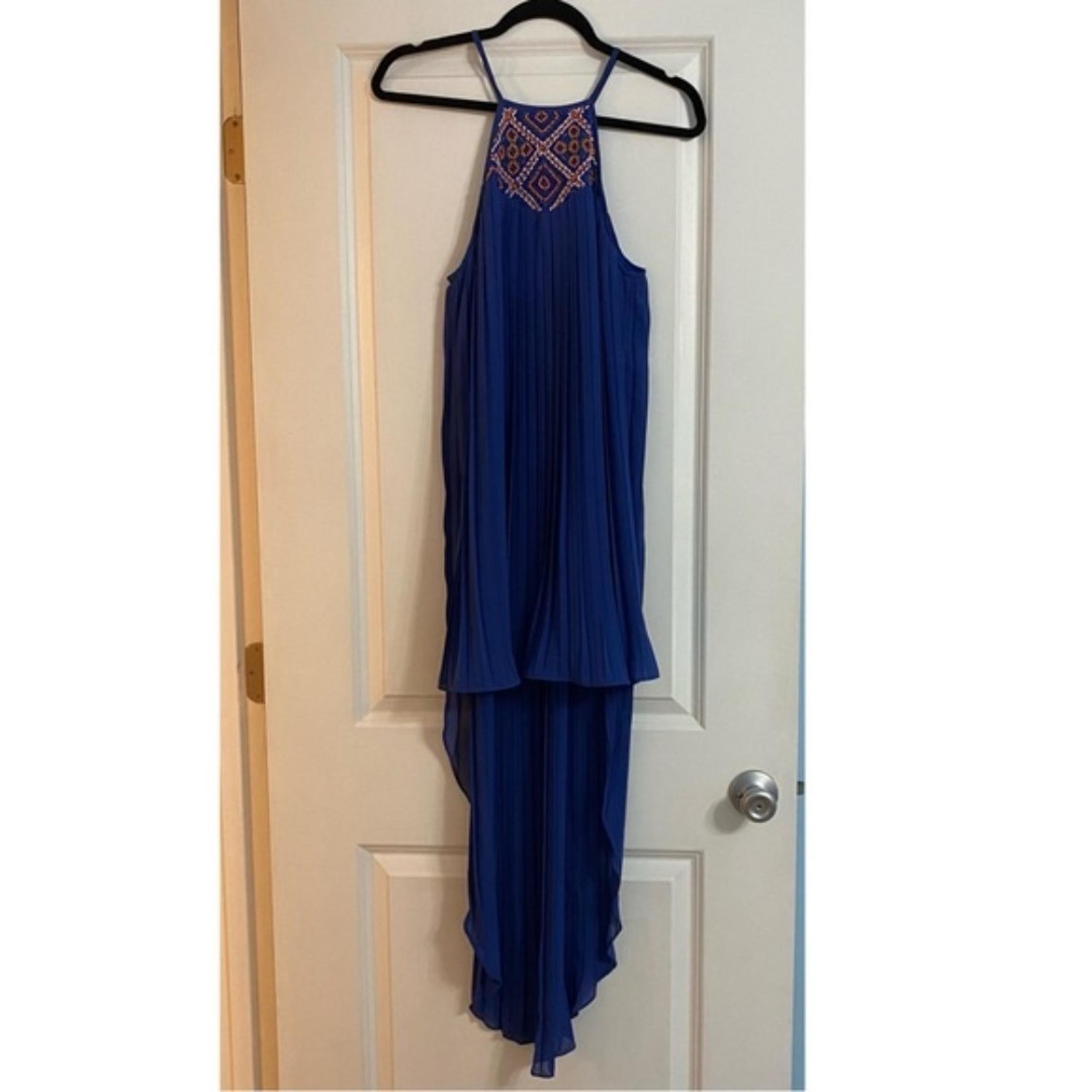 Arden B Blue Pleated Beaded High Low Dress