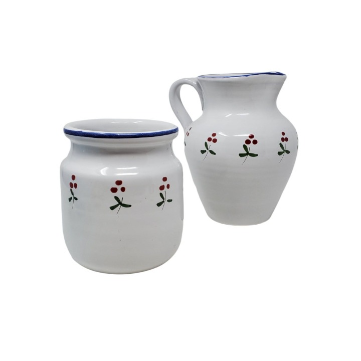 Set of 2 Made in Italy Matching White and Blue Cherry / Berries Pitcher & Vase