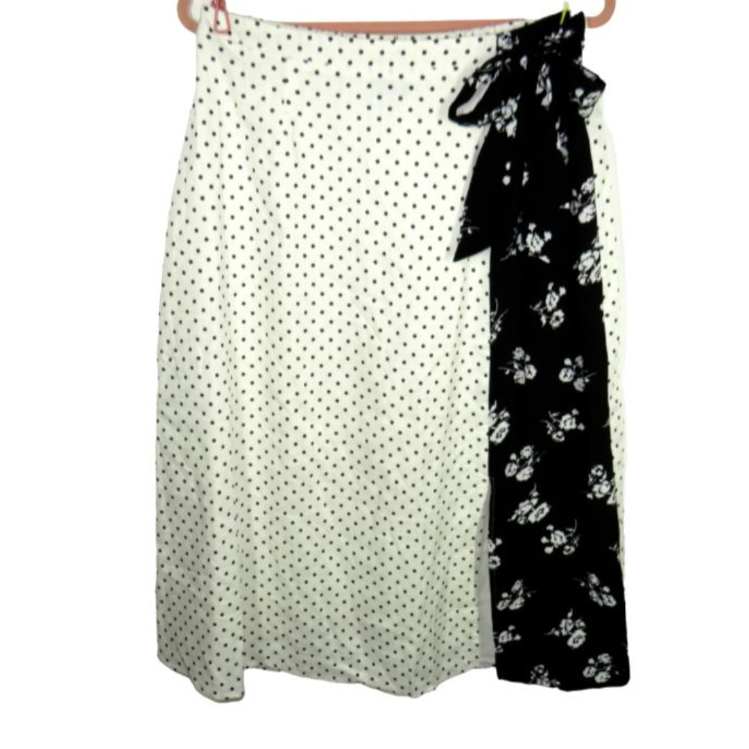 Sugar Lips Women's Black White Polka Dot Linen Blend Midi Skirt Size Large