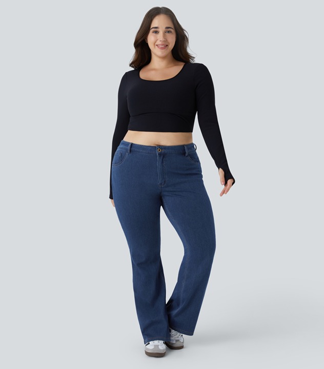 NWT HALARA 1X BLUE FLEX MIDRISE BUTTON ZIP POCKETS STRETCH KNIT FLARE JEANS