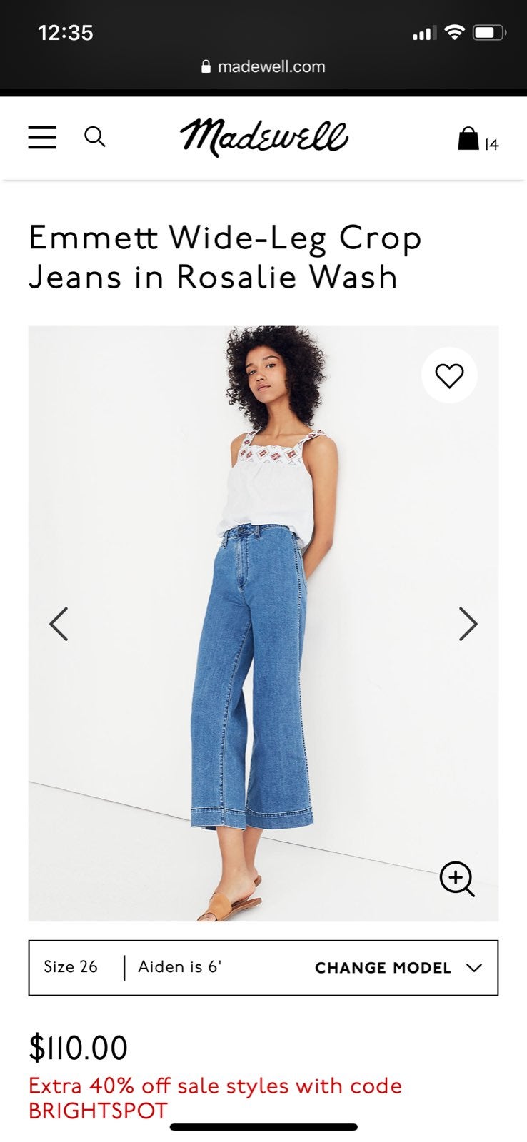 NWOT Madewell Emmett Wide-Leg Crop Jeans