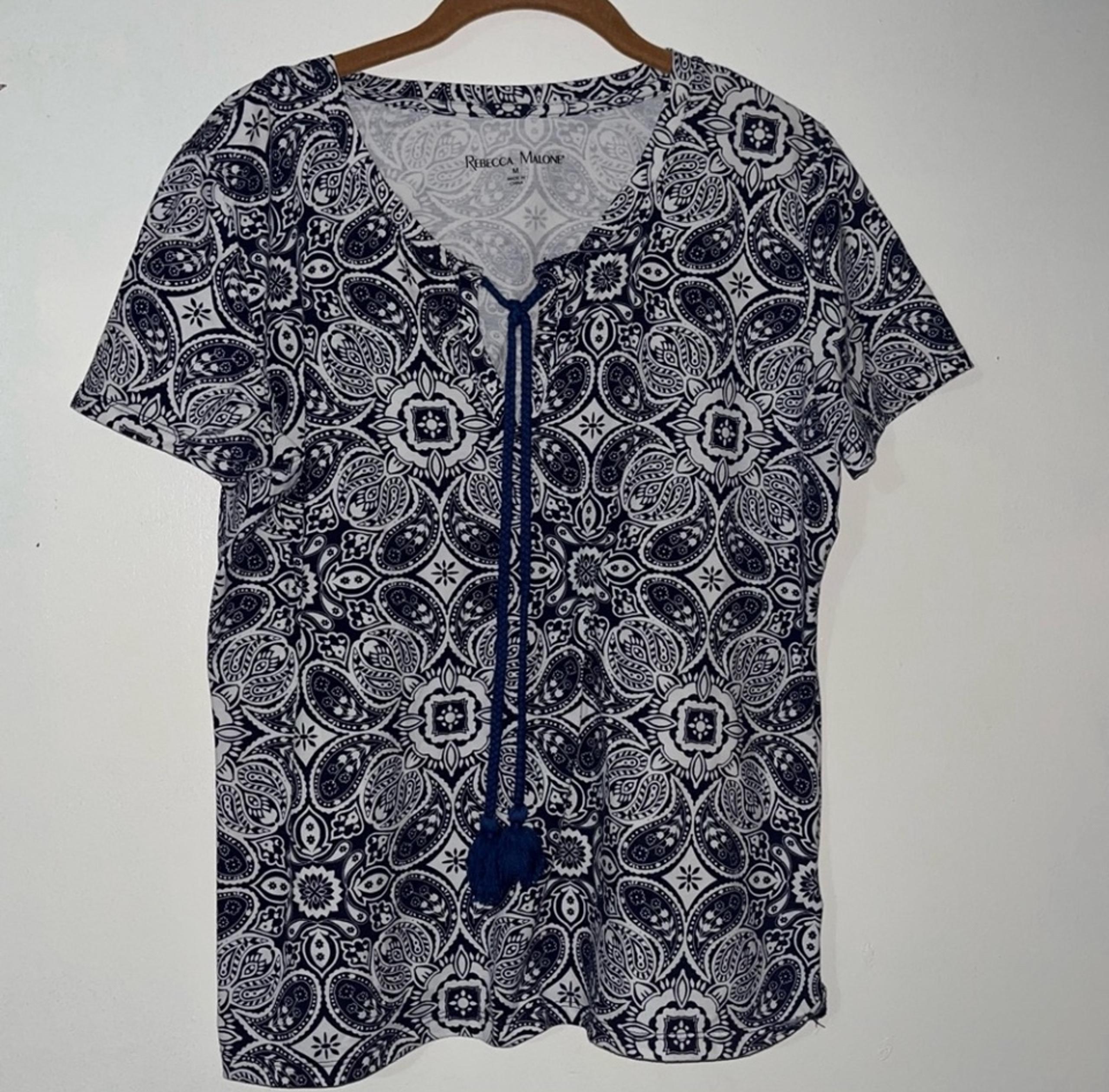 REBECCA MALONE Women Floral Blouse Blue White Tassel Tie Short Sleeve Medium