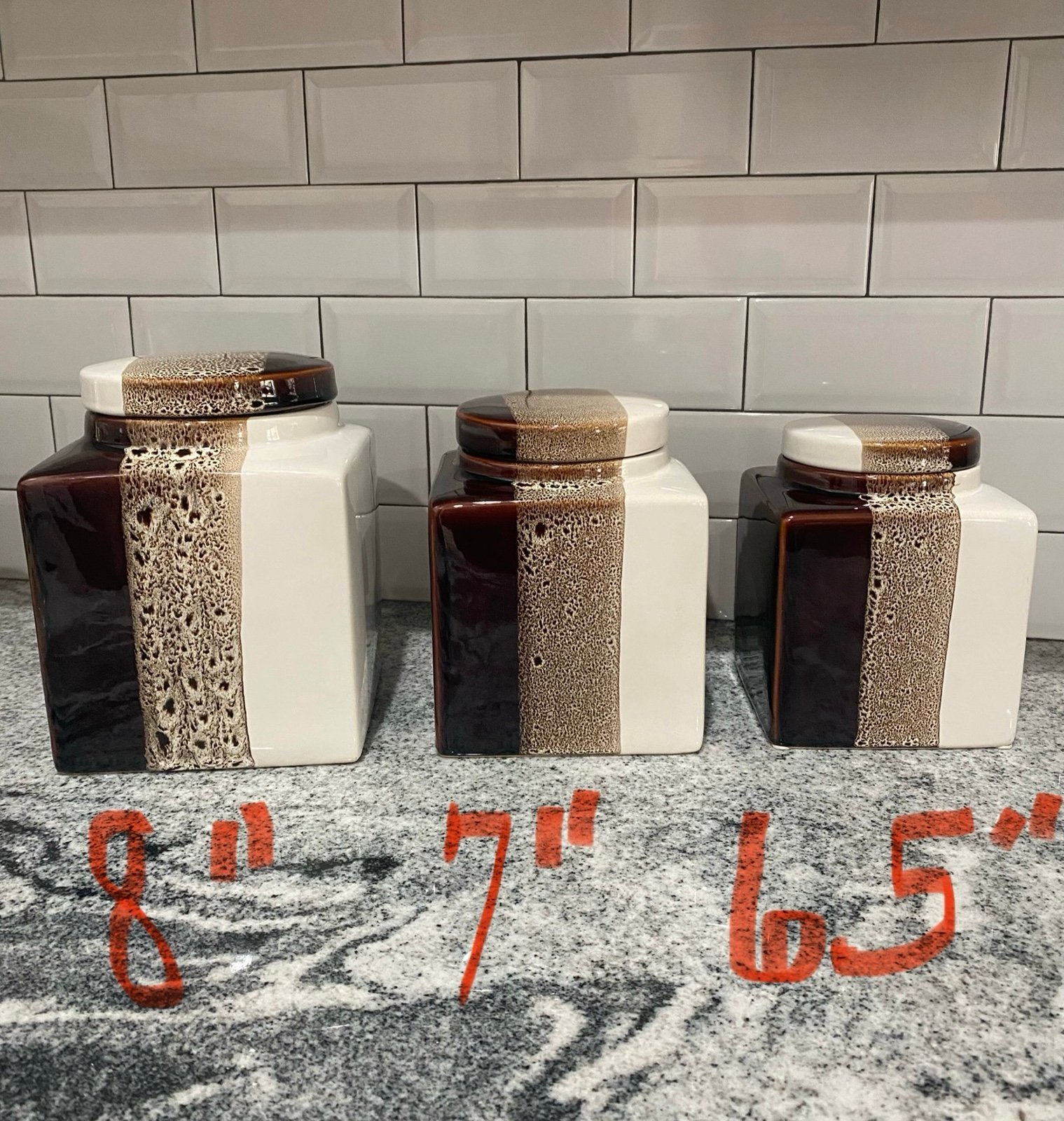 Pier 1 Tri-Color Stoneware Hand Painted Brown Tan Beige Canister Medium 7”