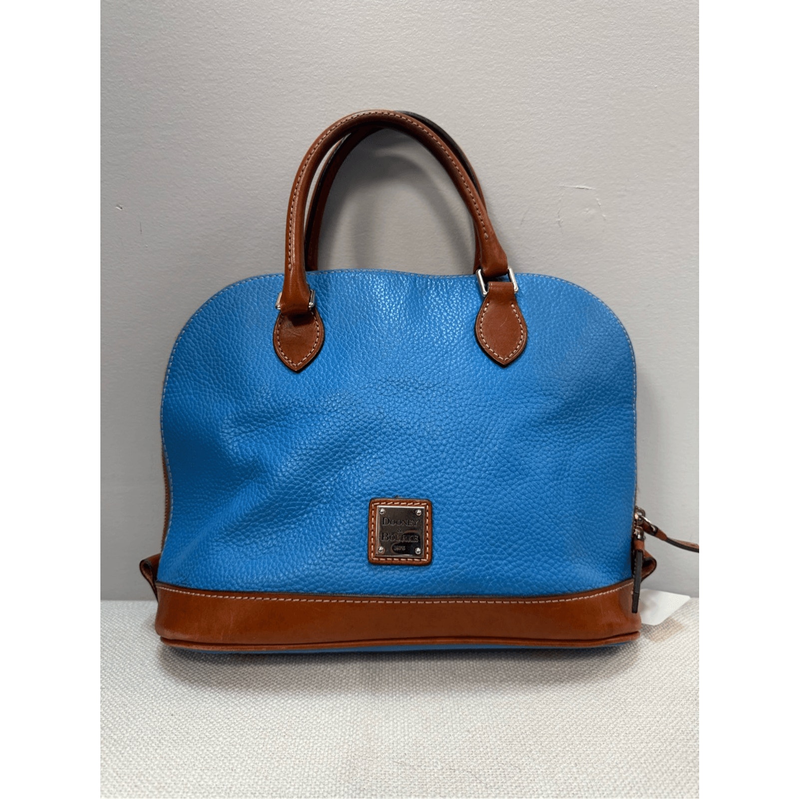 Dooney & Bourke Women's Blue Brown Pebbled Leather Small Zip Satchel Bag Grain