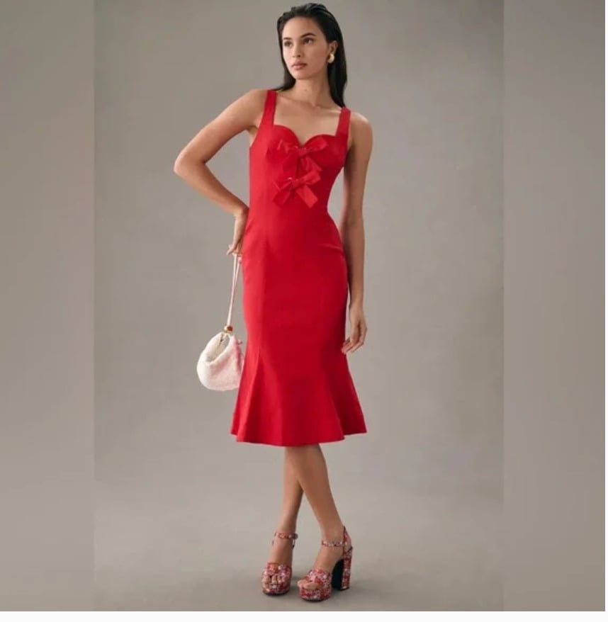 Anthropologie Size M Red Stretch Mermaid Valentines Sweetheart Dress Bow Pin Up