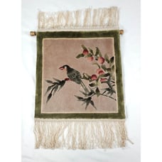 Small Vintage Chinese Silk Rug Light Green & Beige Bird & Flower Blossom Design