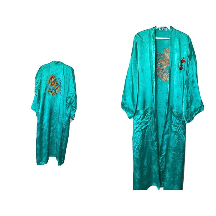 Vintage Oriental Satin Rainbow Dragon Stitched Long Kimono Robe Jacket Teal Blue