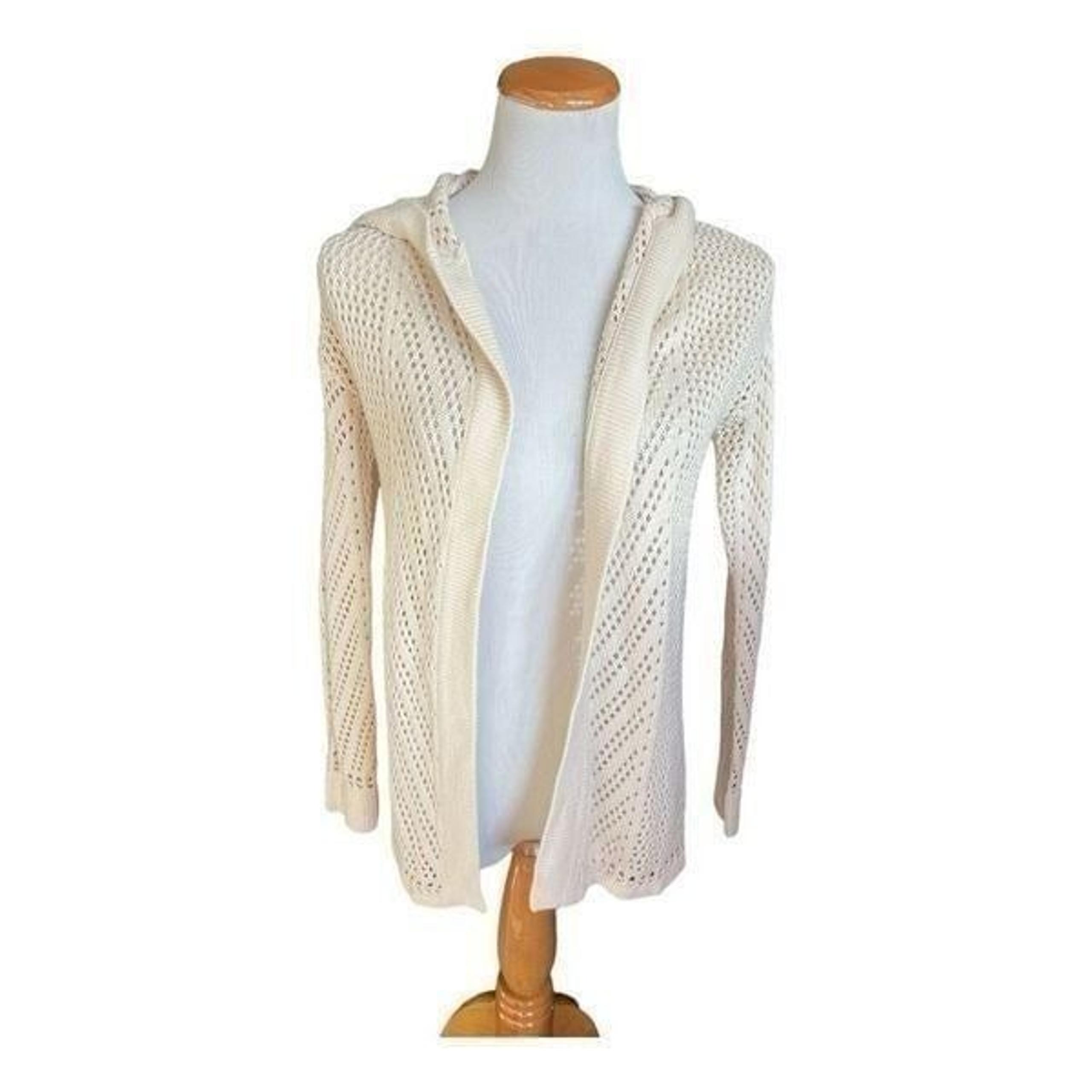 Womens Freshman 1996 Hooded Cream Crocheted Style Open Front Cardigan Sweater S