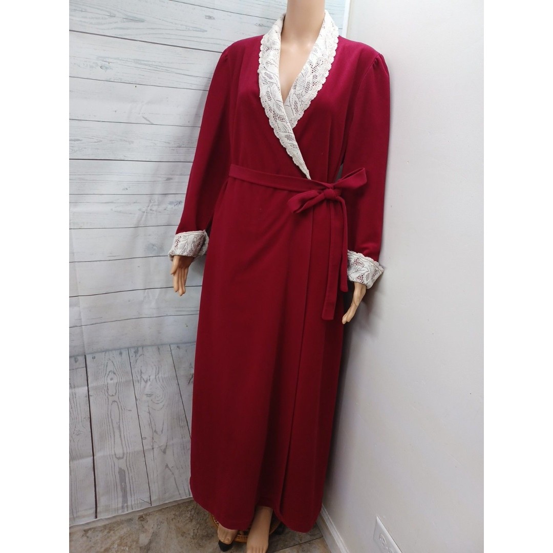 Vtg Vanity Fair Flannel Robe Sz M Long Red White Lace Belted