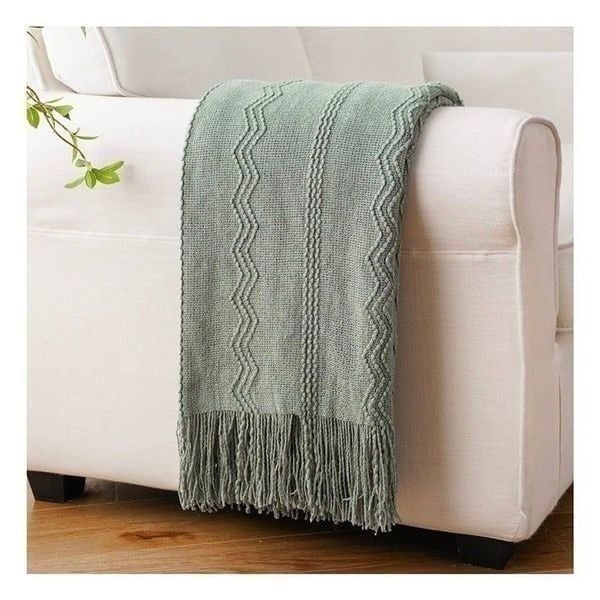 Sage Green Weaved Knitted Throw Blanket With Fringes