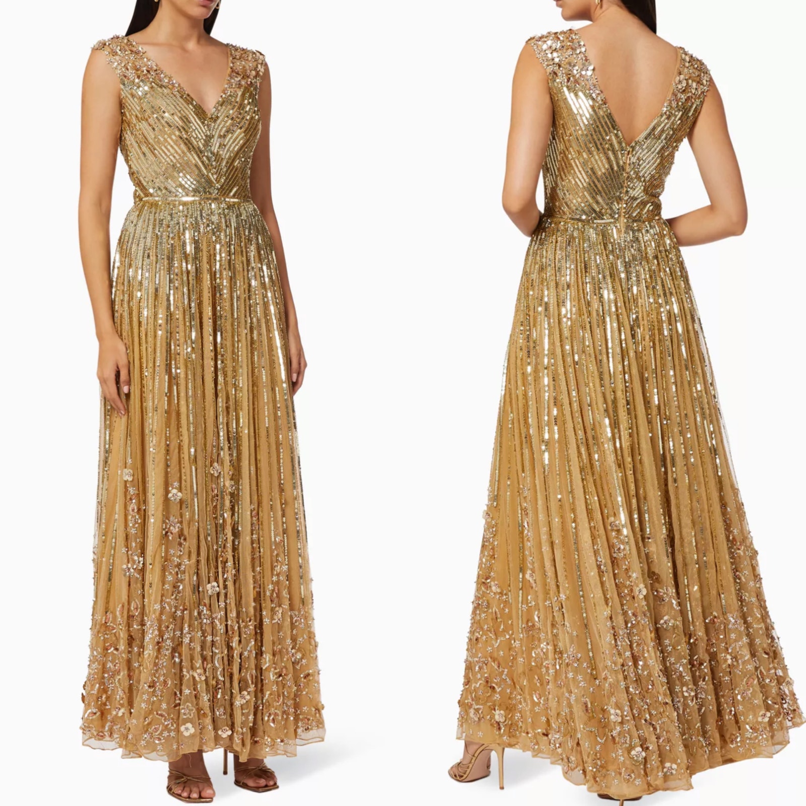 new Mac Duggal Sz 14 Gold Sequin Tulle V-Neck Sleeveless Cocktail Gown maxi long