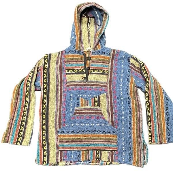 Woven Hooded Men's Pullover 1/4 Button Front Jacket Mid Pocket Multicolored Lrg