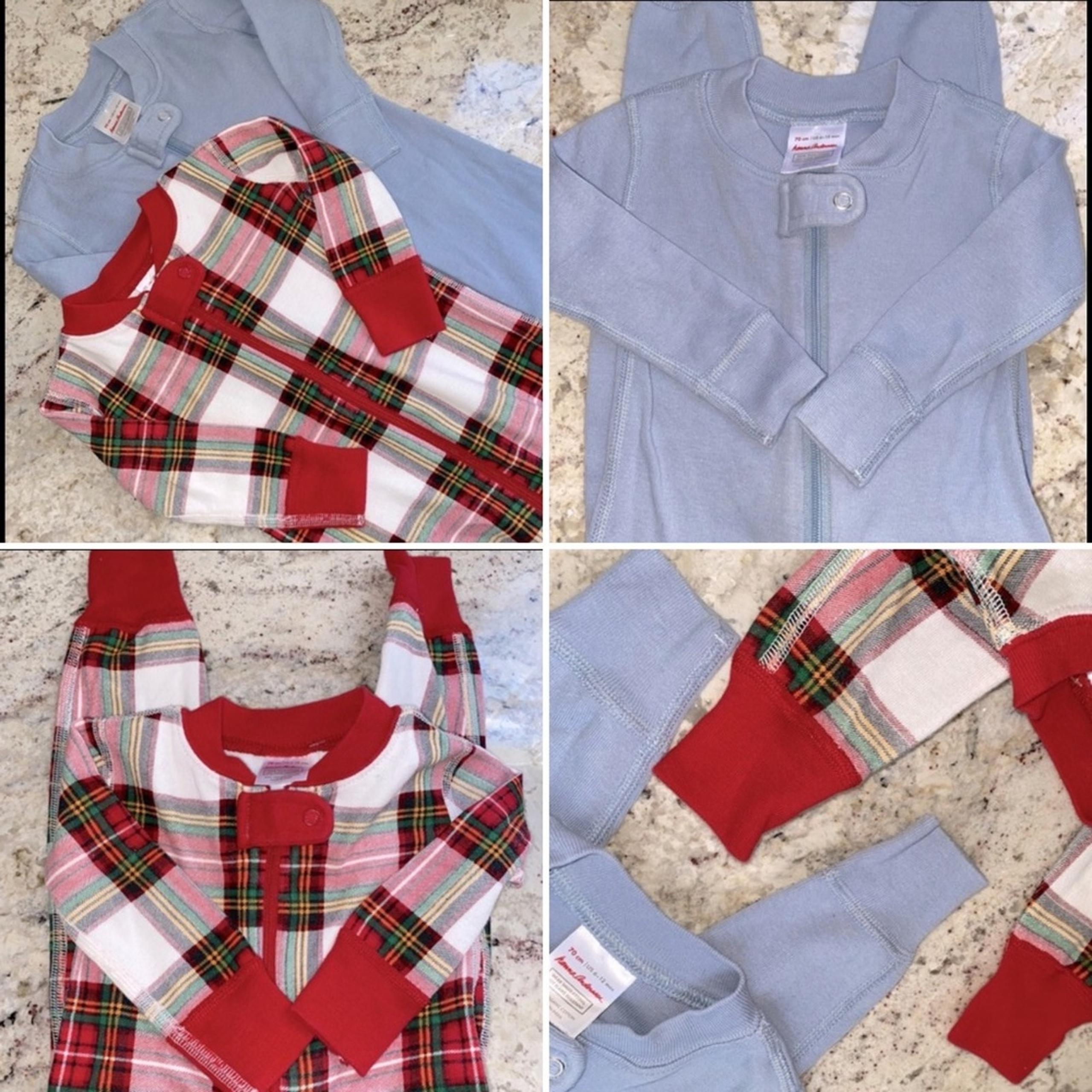 2 Hanna Andersson One Piece Infant Pajamas Red Plaid & Light Blue 70 cm 6-12 mos